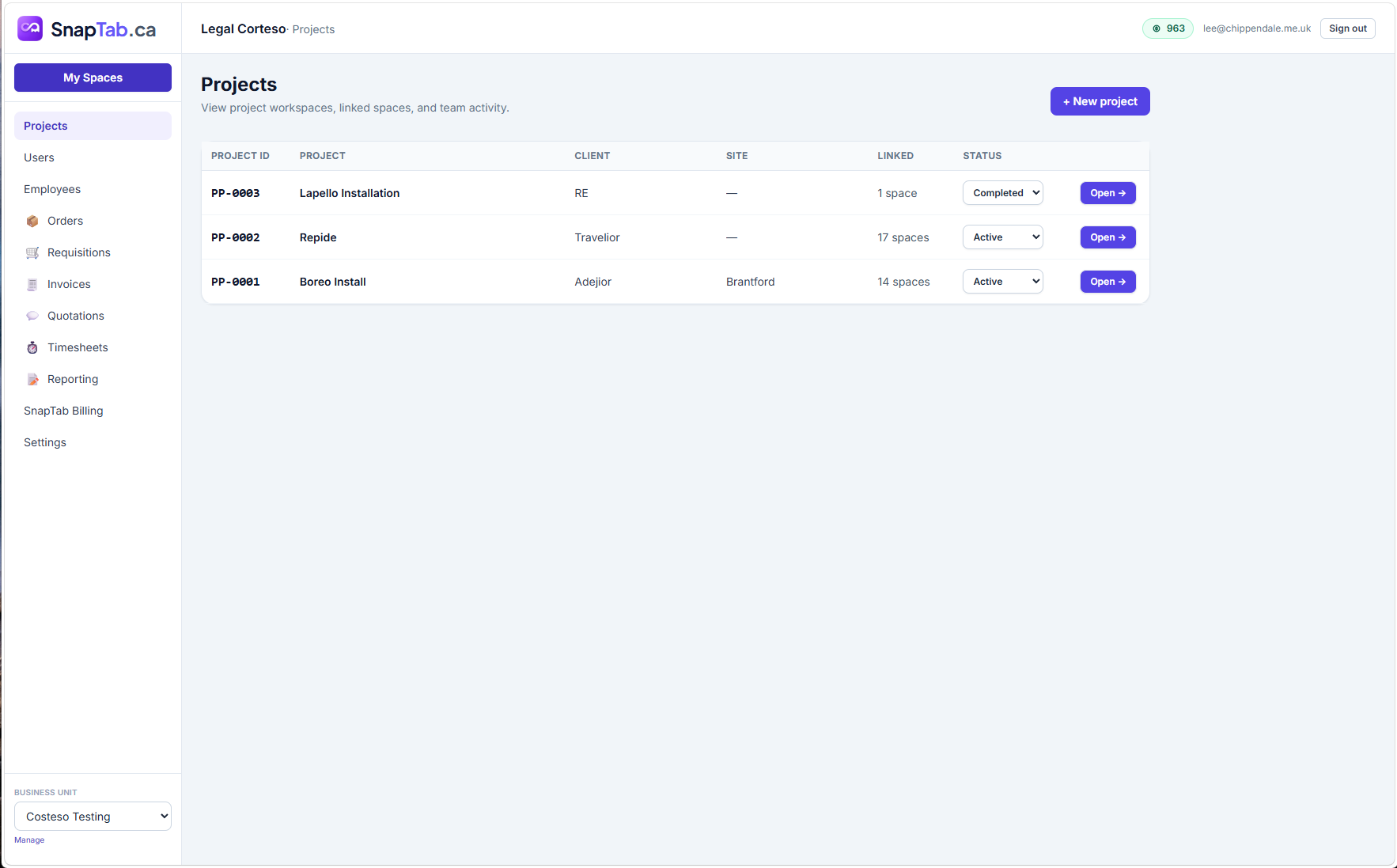 SnapTab Projects portal listing project workspaces with linked Spaces and status