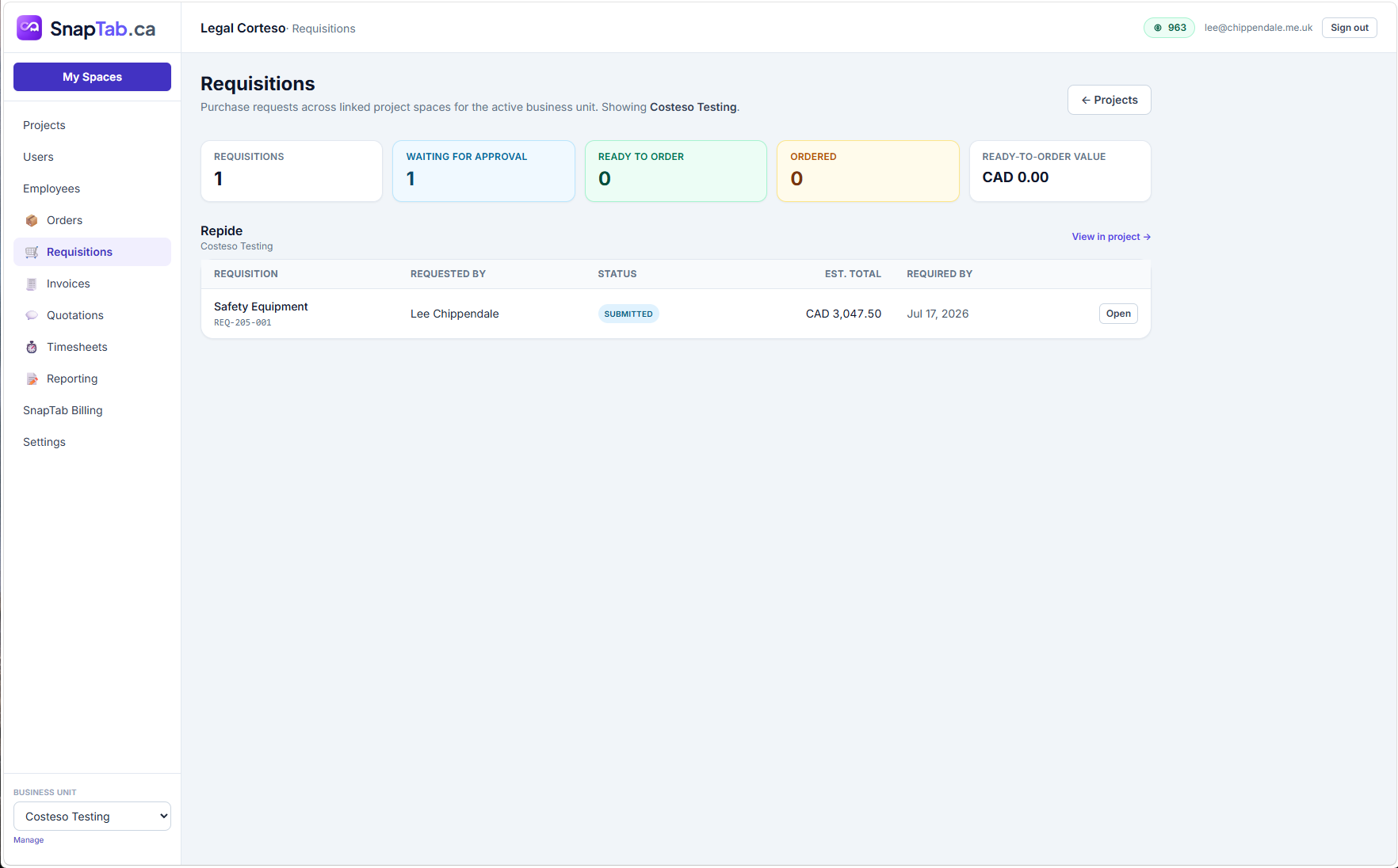 Requisitions rollup across projects with waiting-for-approval and ready-to-order totals