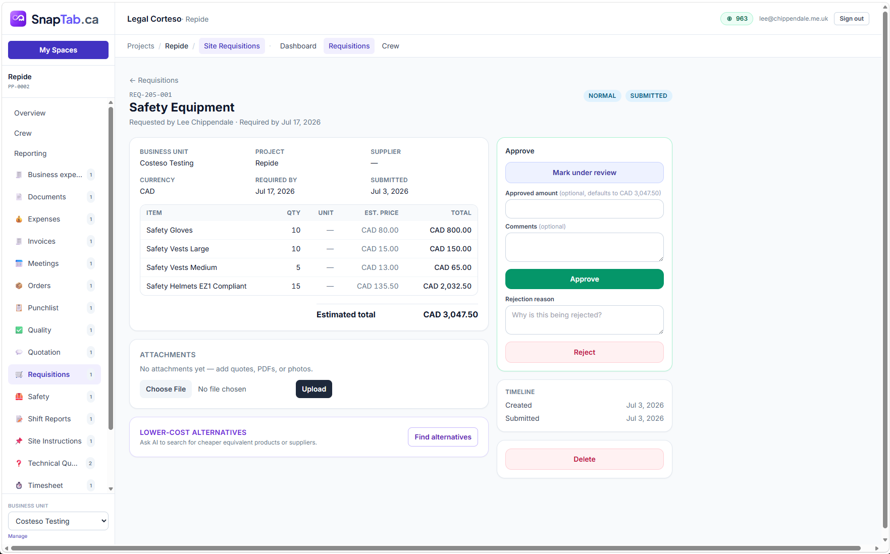 Requisition approval screen with line items, estimated total, approve and reject actions
