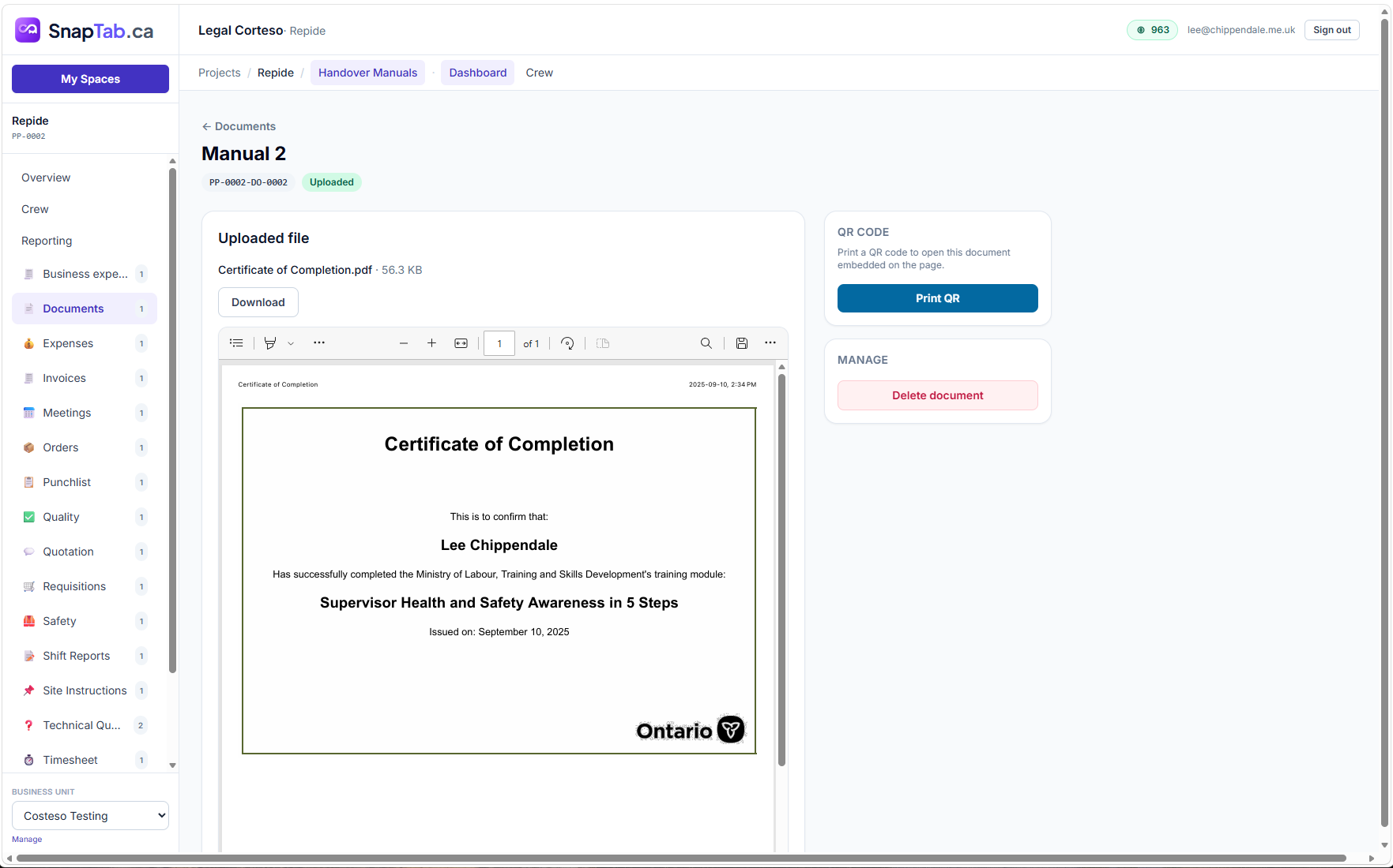 Document viewer with an uploaded certificate PDF and printable QR code