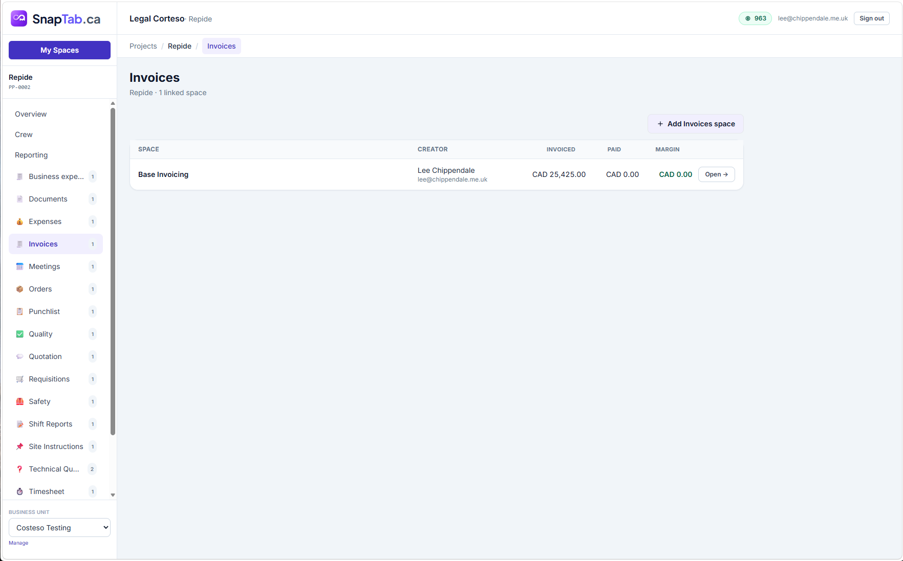Invoices rollup showing invoiced value, payments and margin per linked space