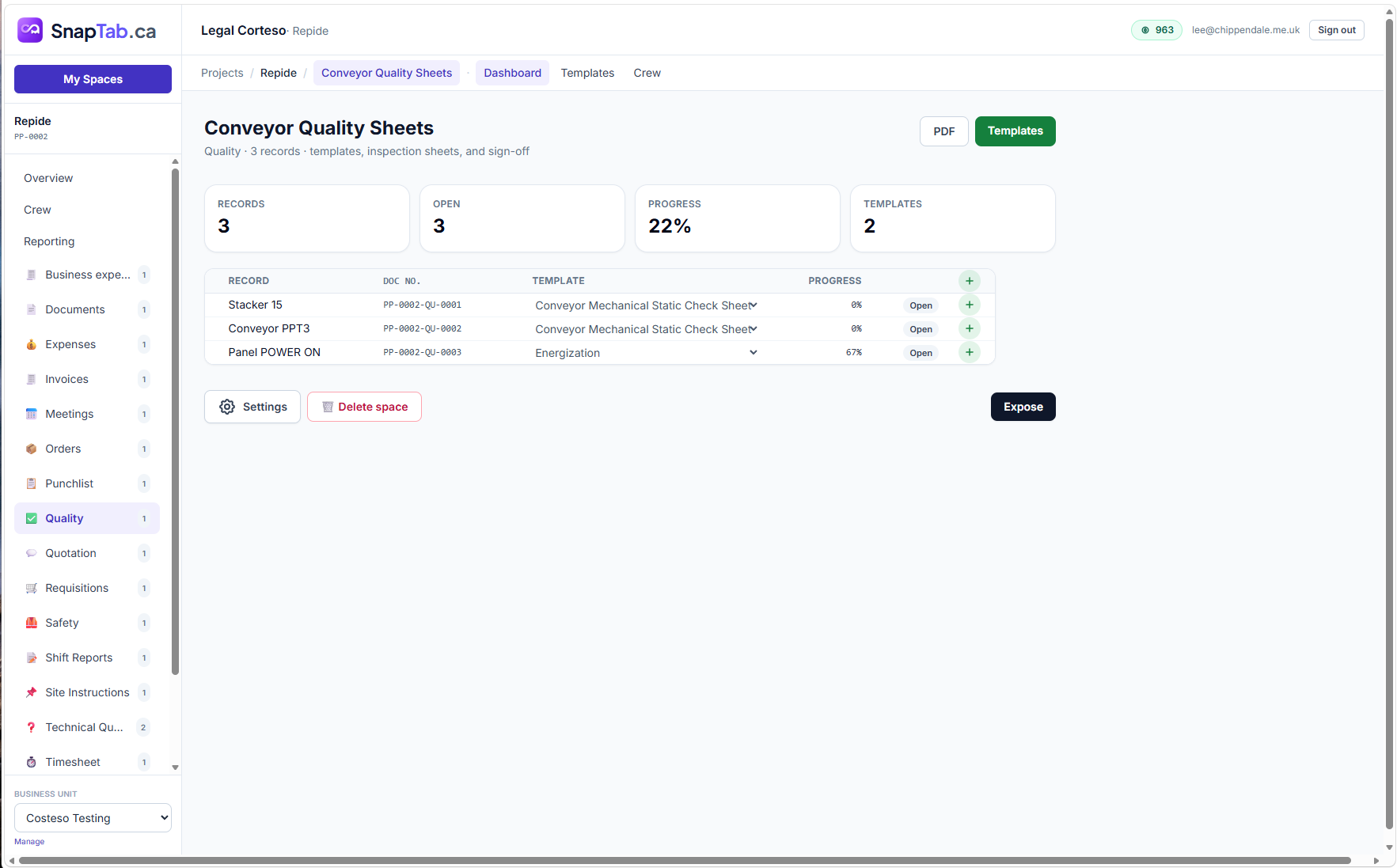 Quality records with inspection sheet templates, progress tracking and sign-off
