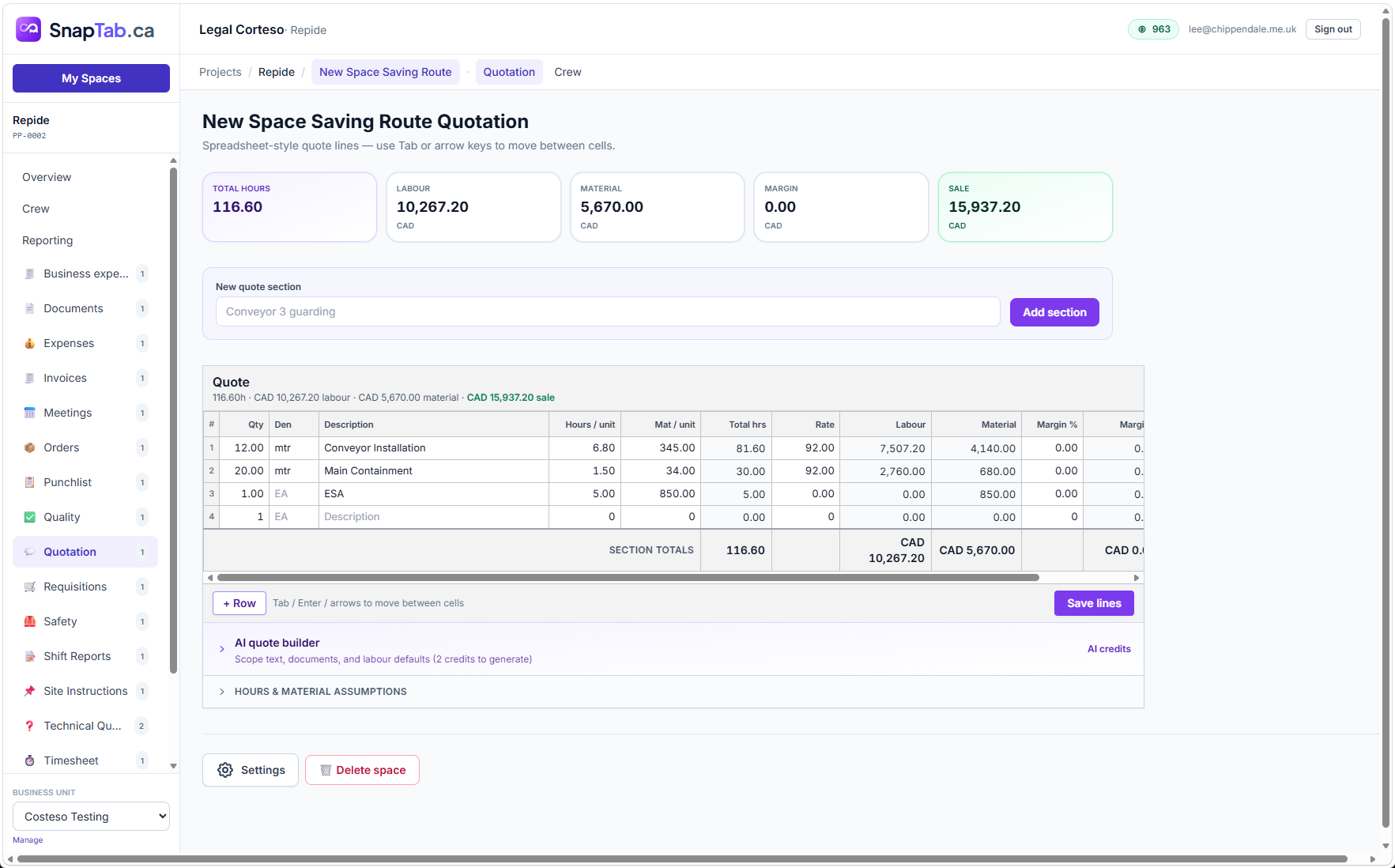 Spreadsheet-style quotation editor with labour, material, margin and sale totals plus AI quote builder