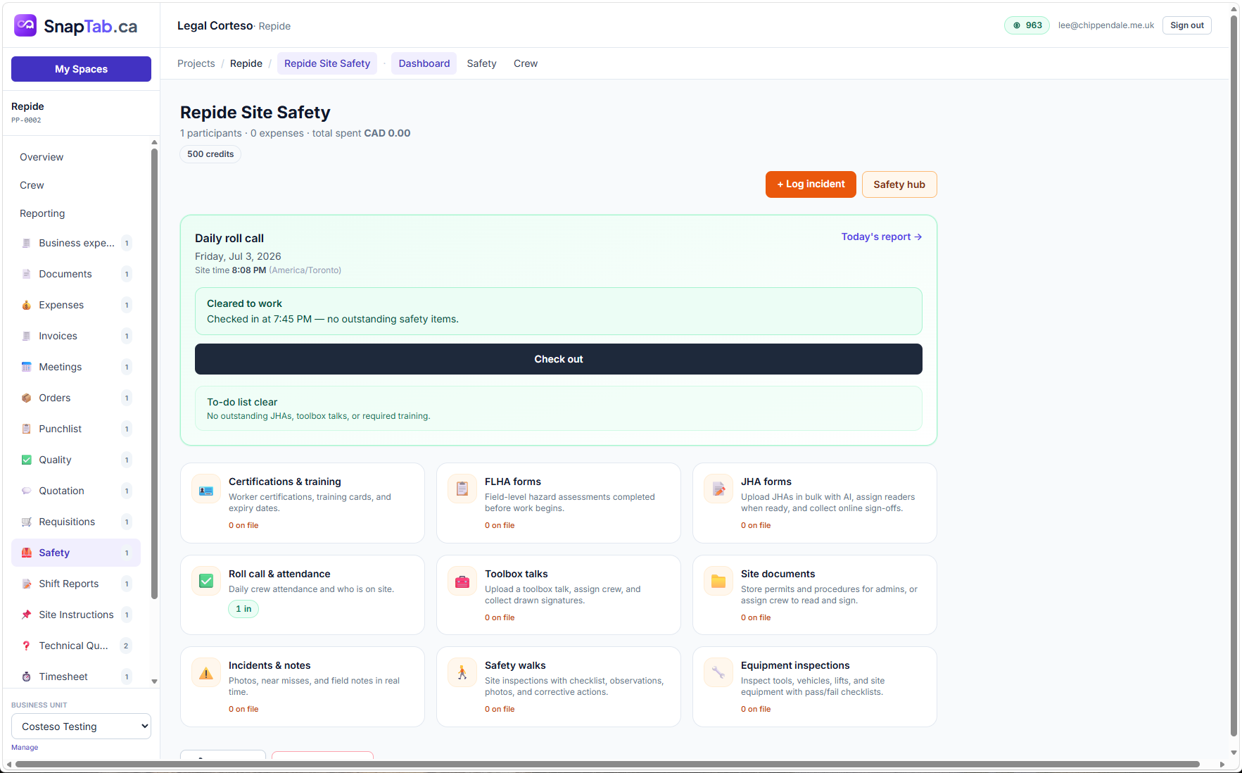 Site safety dashboard with daily roll call, certifications, FLHA and JHA forms, toolbox talks and inspections