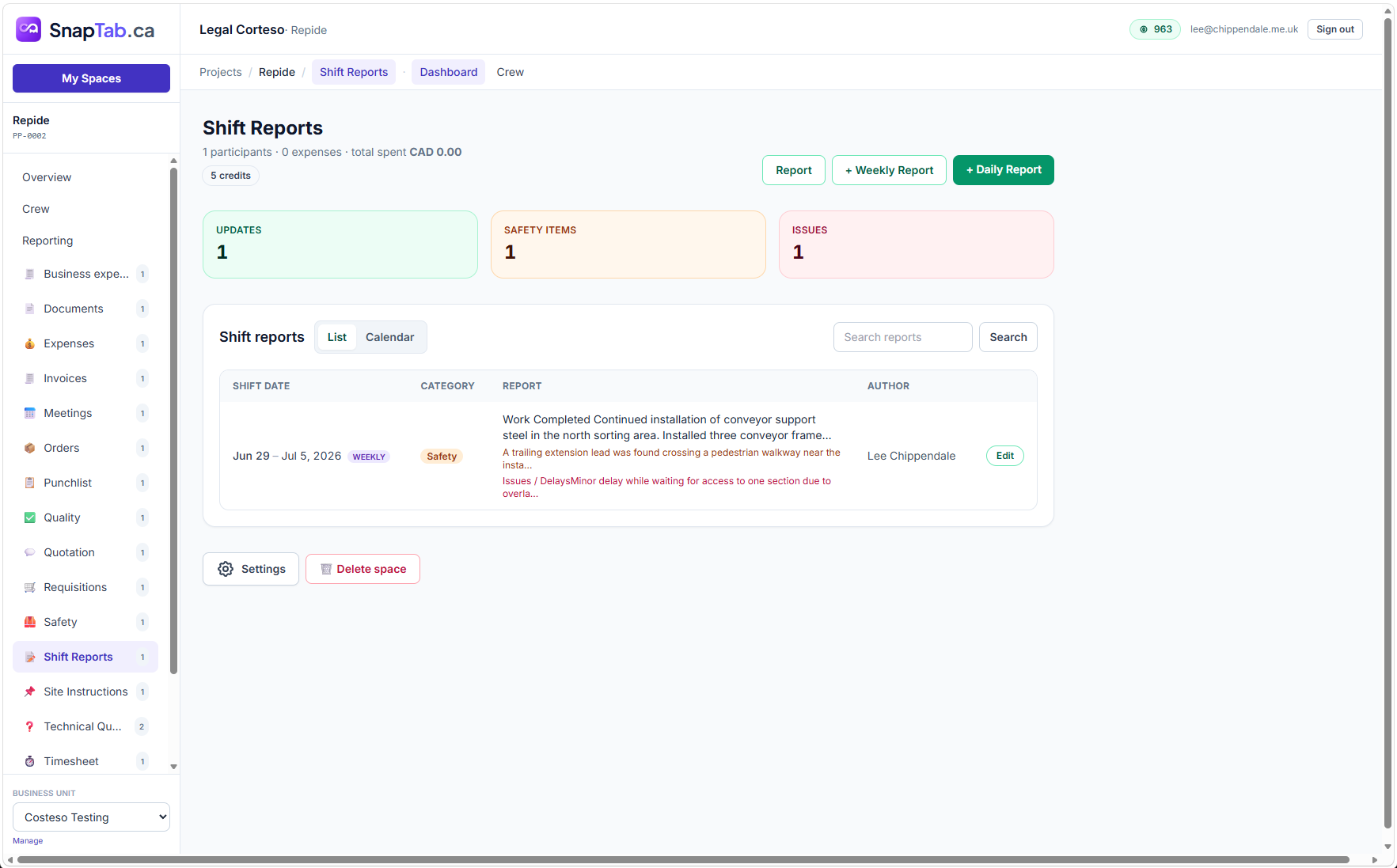 Shift reports list with weekly reports, safety items and issues