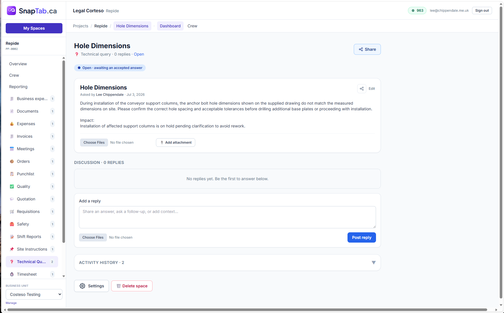 Technical query thread with discussion replies, attachments and activity history