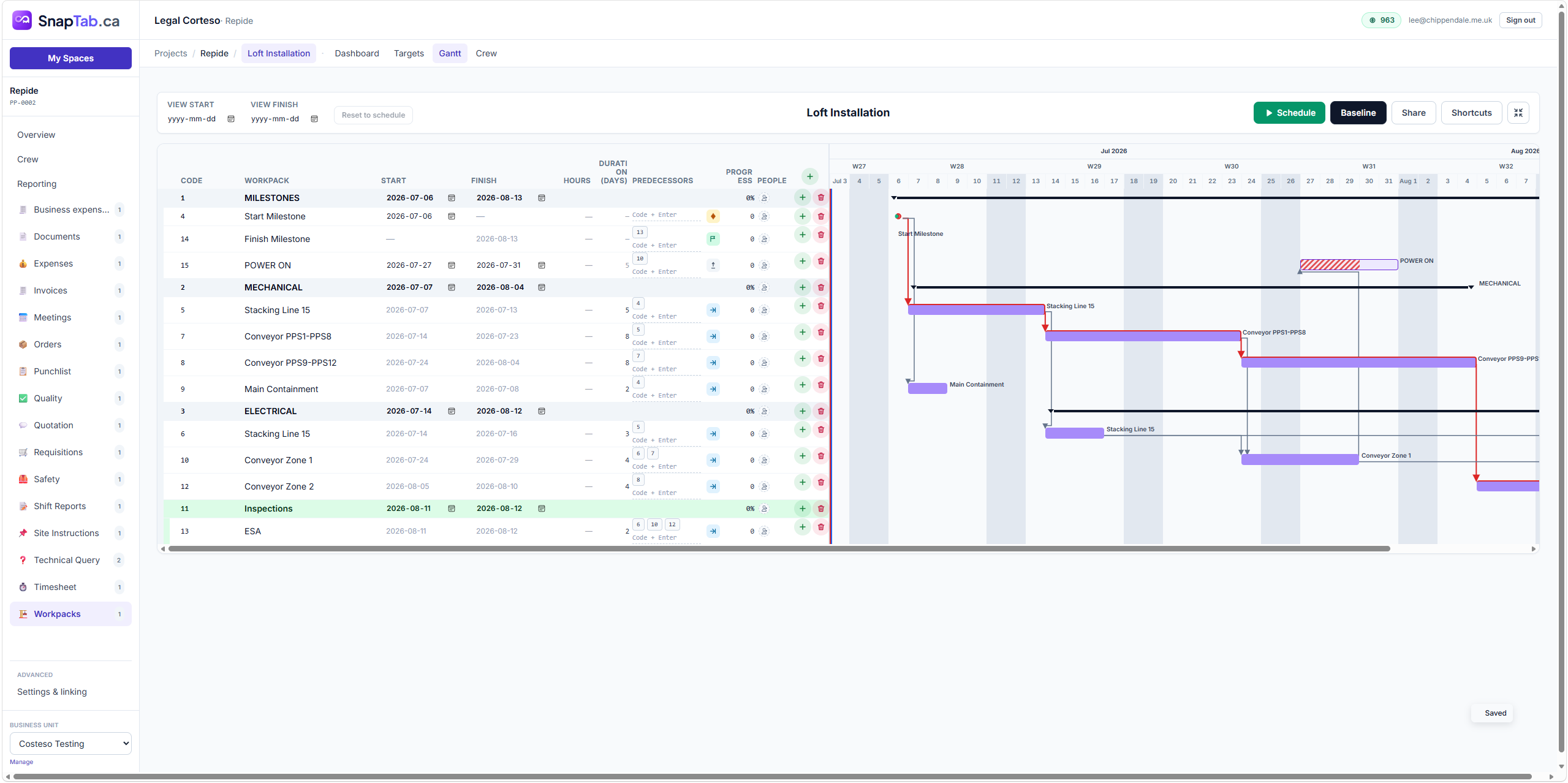 SnapTab Workpacks Gantt chart with milestones, predecessors, baseline and automatic scheduling