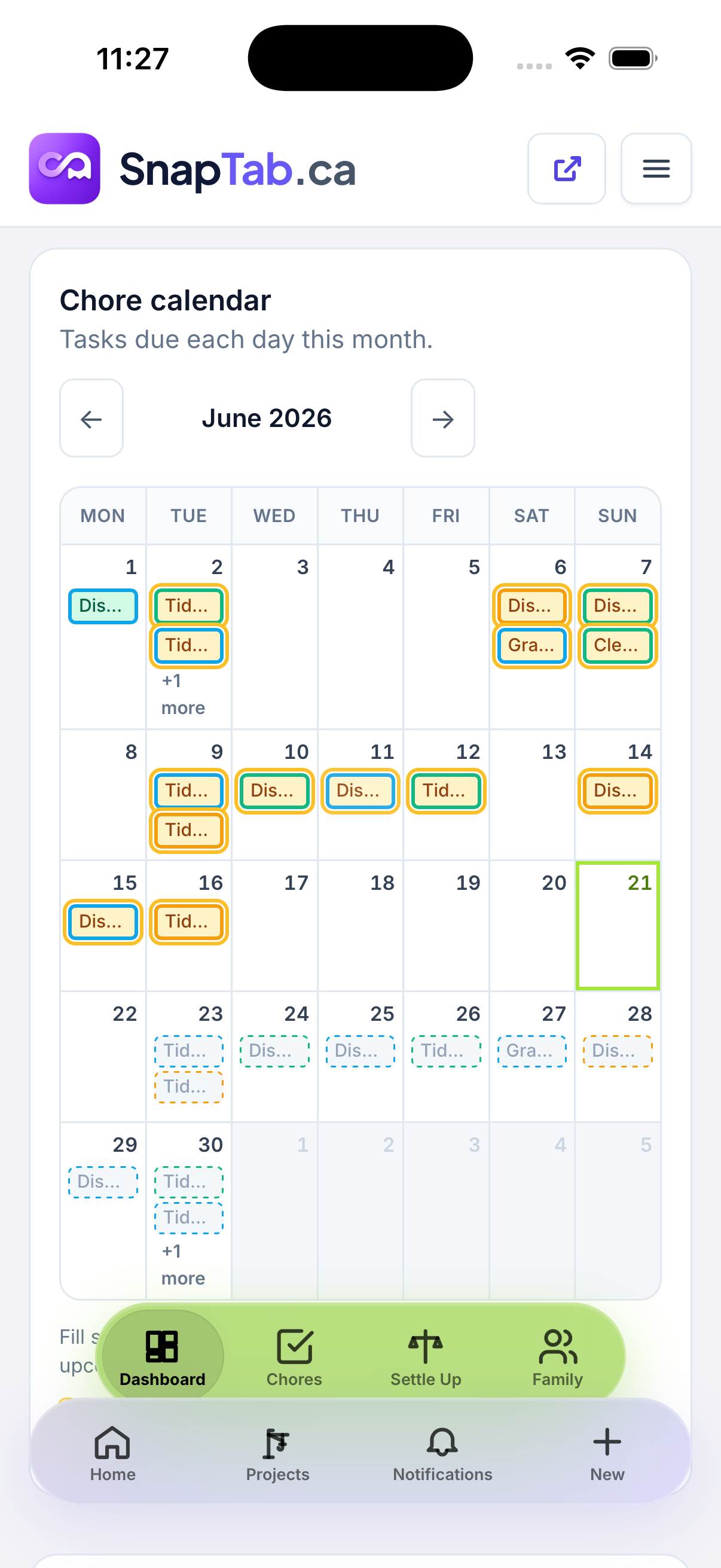 SnapTab chores calendar showing assigned tasks across the month