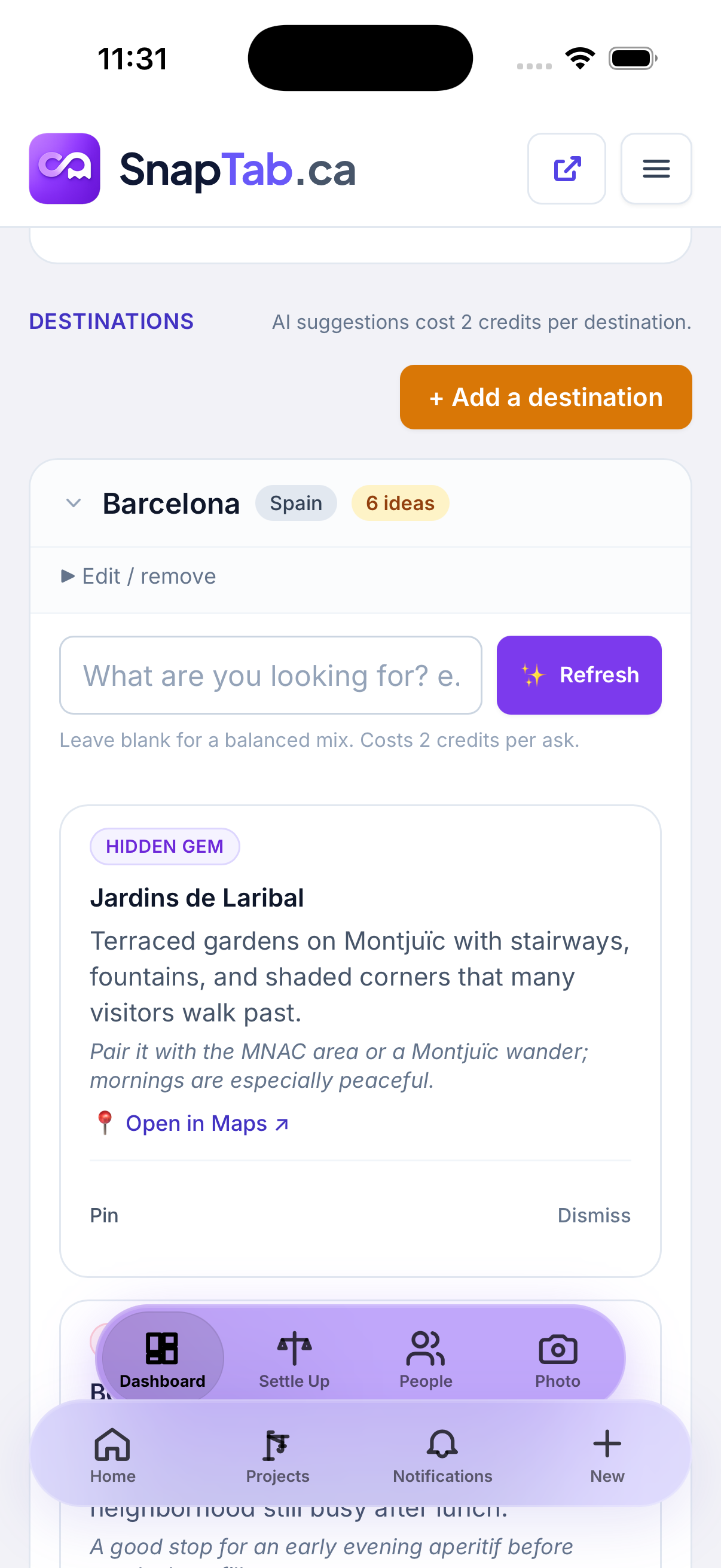 SnapTab trip space with AI destination tips for Barcelona