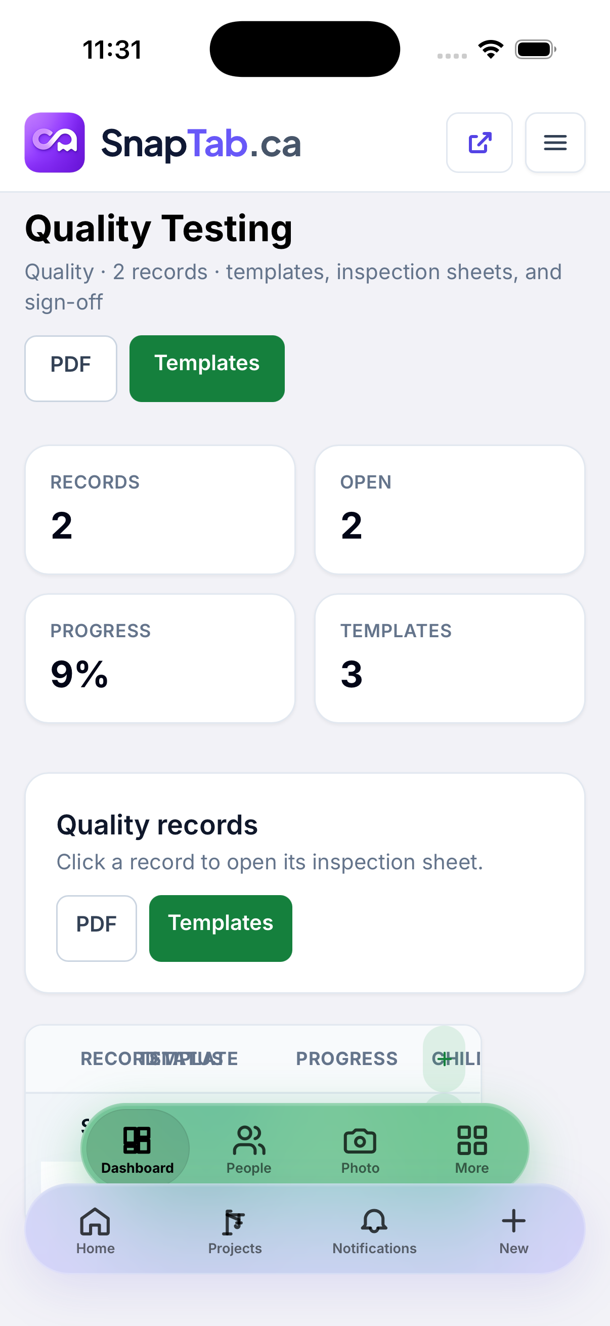 SnapTab quality inspection dashboard with templates and open records