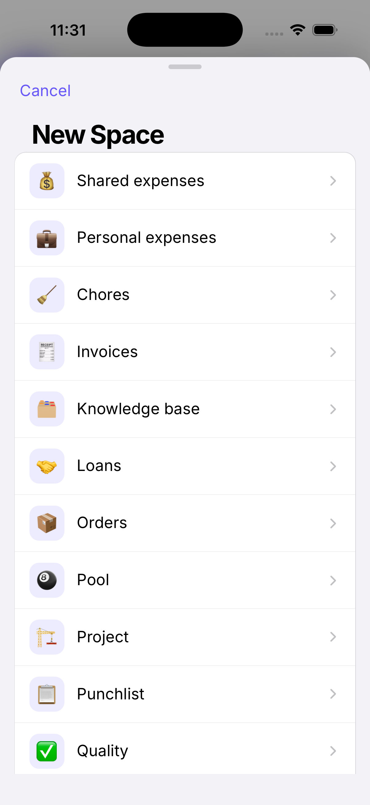 SnapTab New Space menu showing pool, project, quality, chores, and other space types