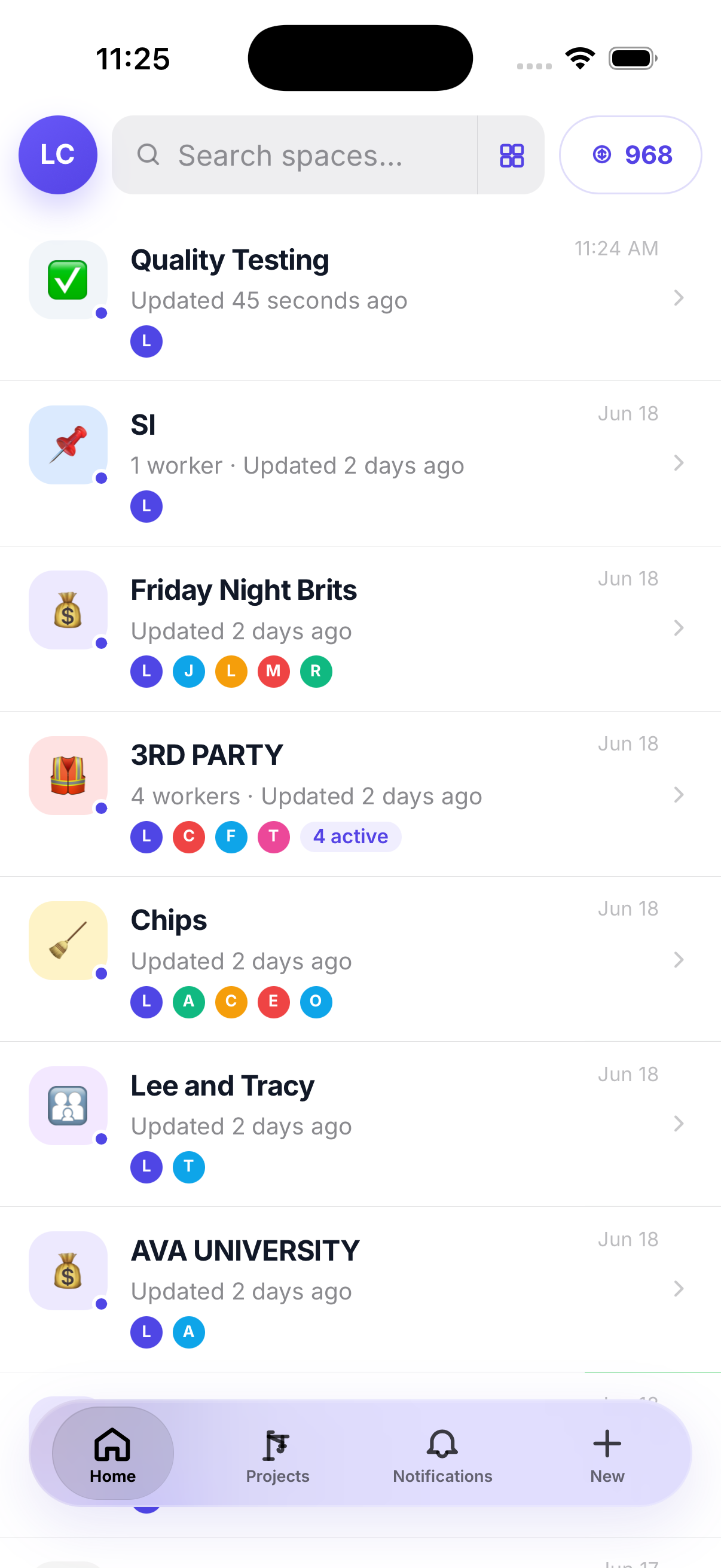 SnapTab iPhone app showing a list of shared spaces and projects