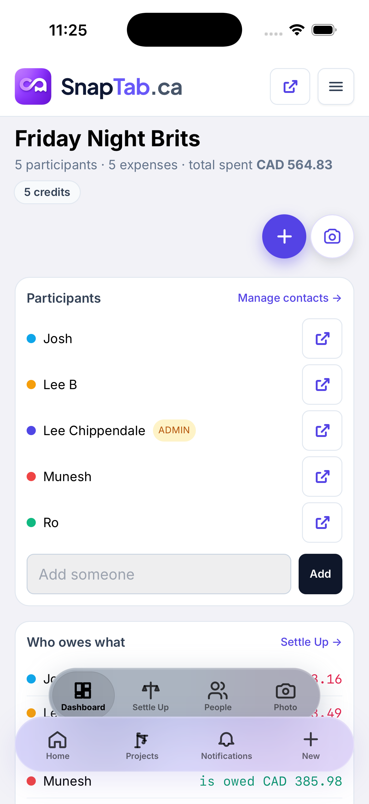 SnapTab shared expense space for a group trip with participants and balances
