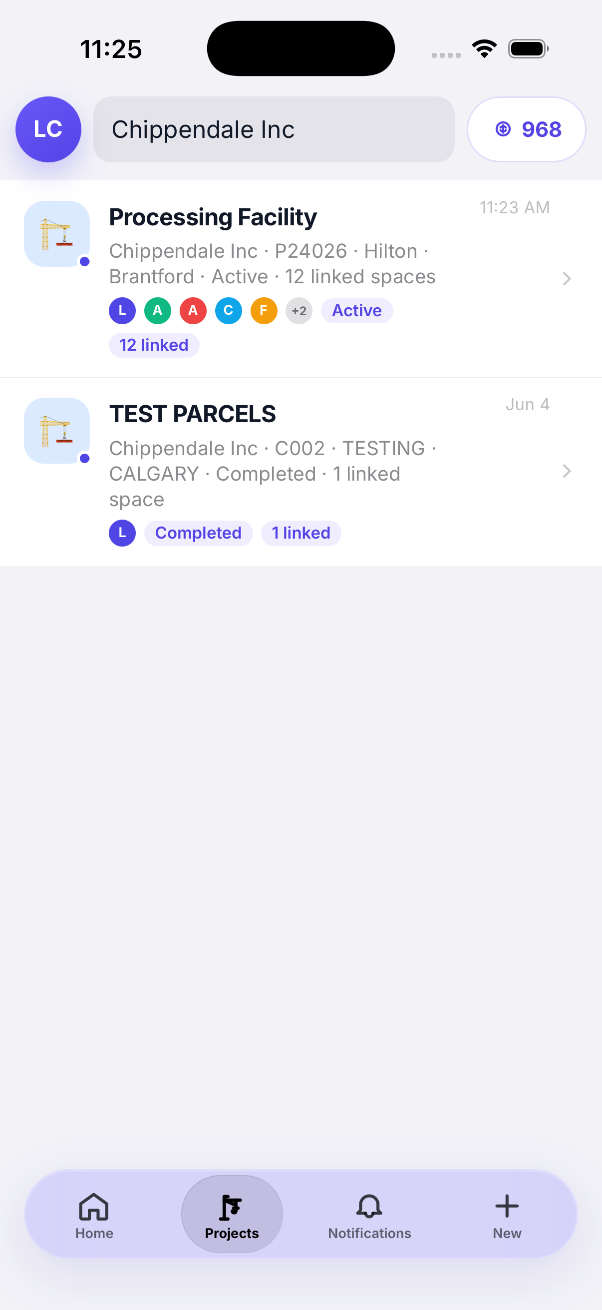 SnapTab Projects list on iPhone showing linked job-site spaces