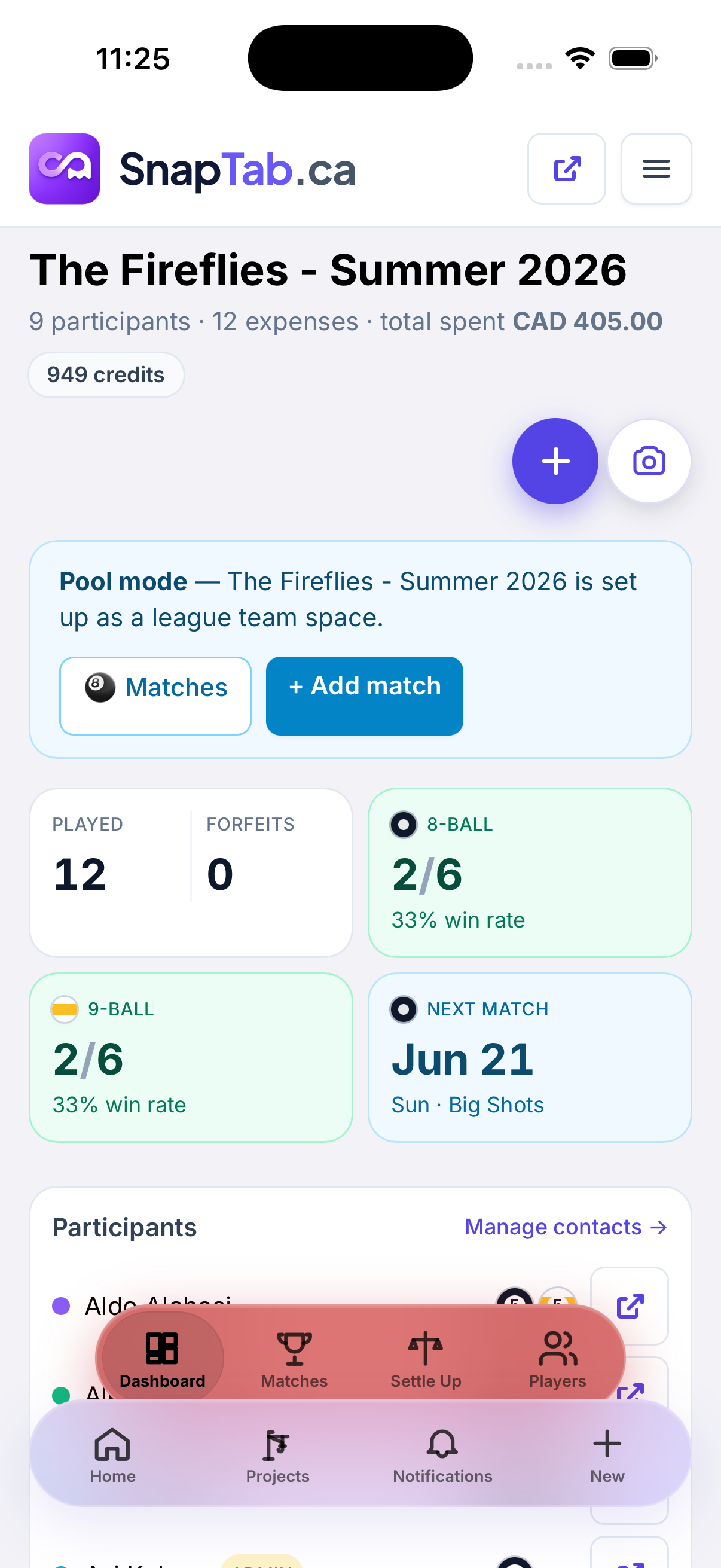 SnapTab pool team dashboard with win rates, next match, and team stats