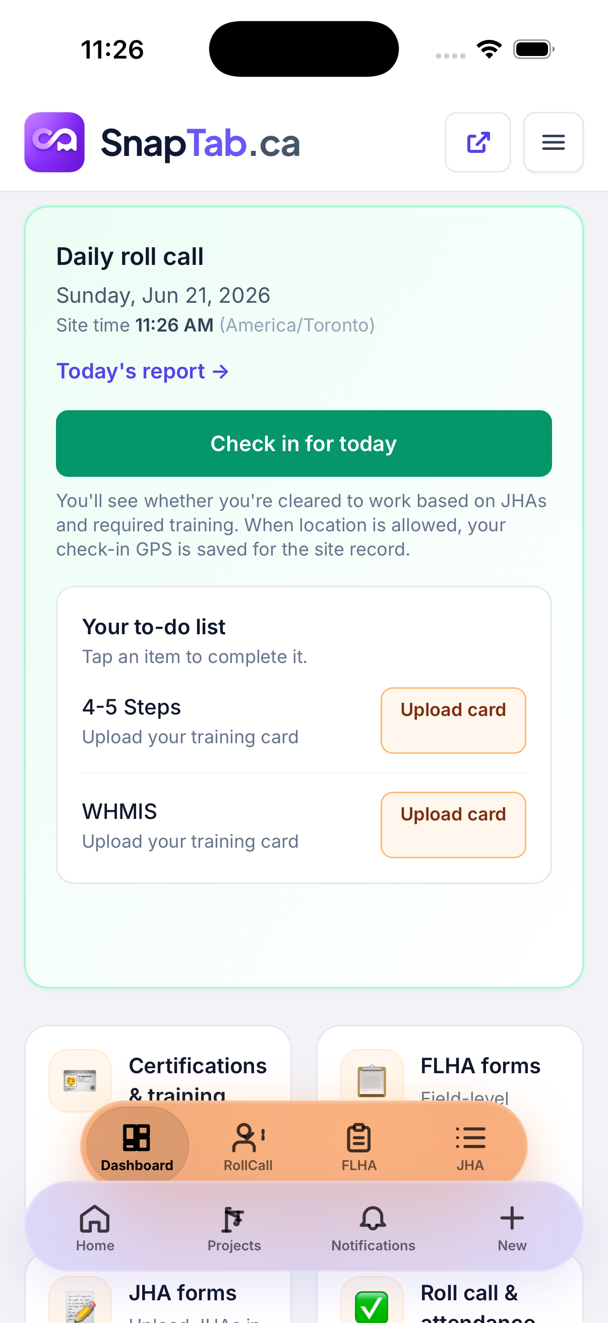 SnapTab safety site daily roll call with check-in and training to-do list