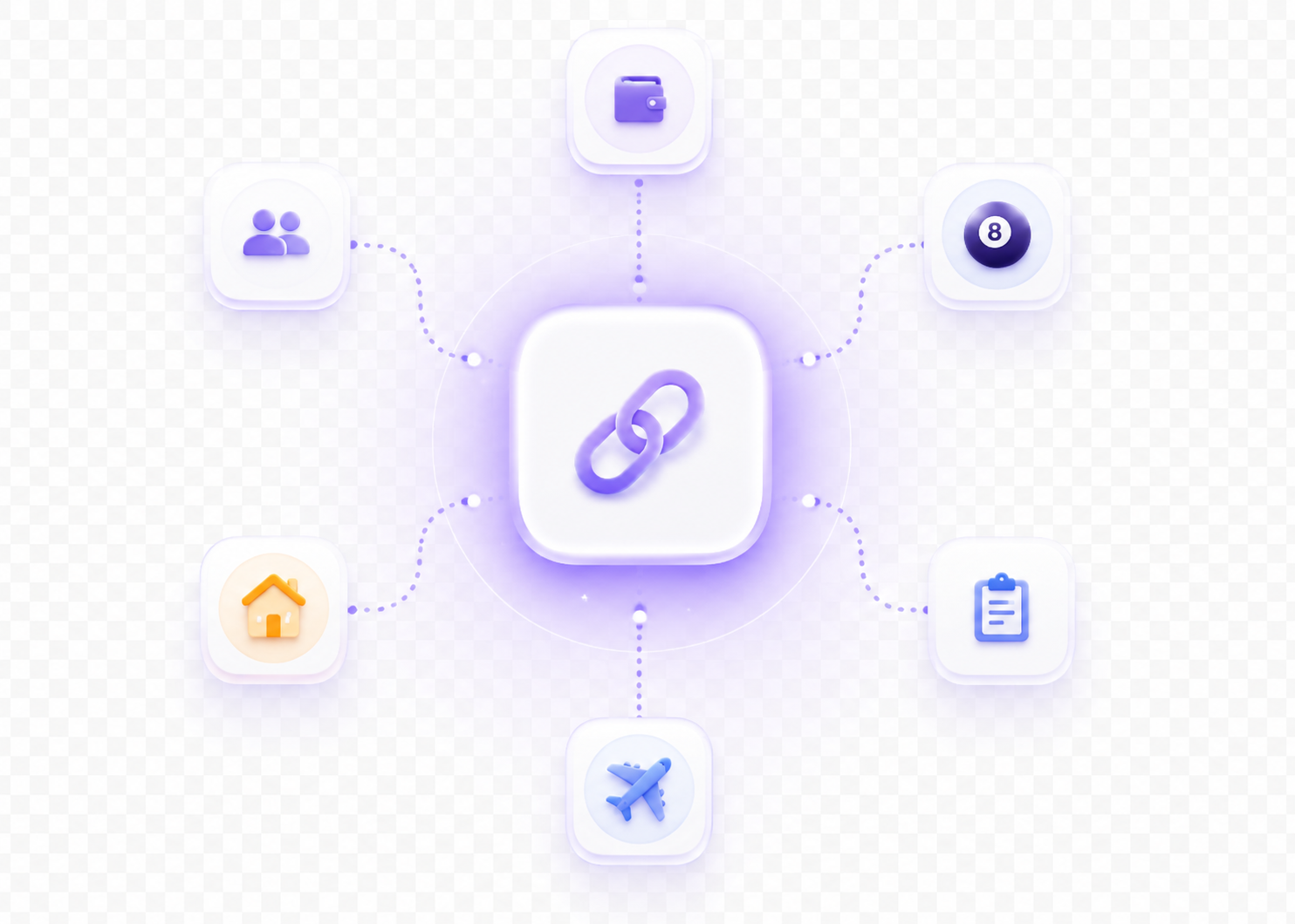 Illustration of a SnapTab Space linking shared expenses, pool teams, projects, trips, households, and groups